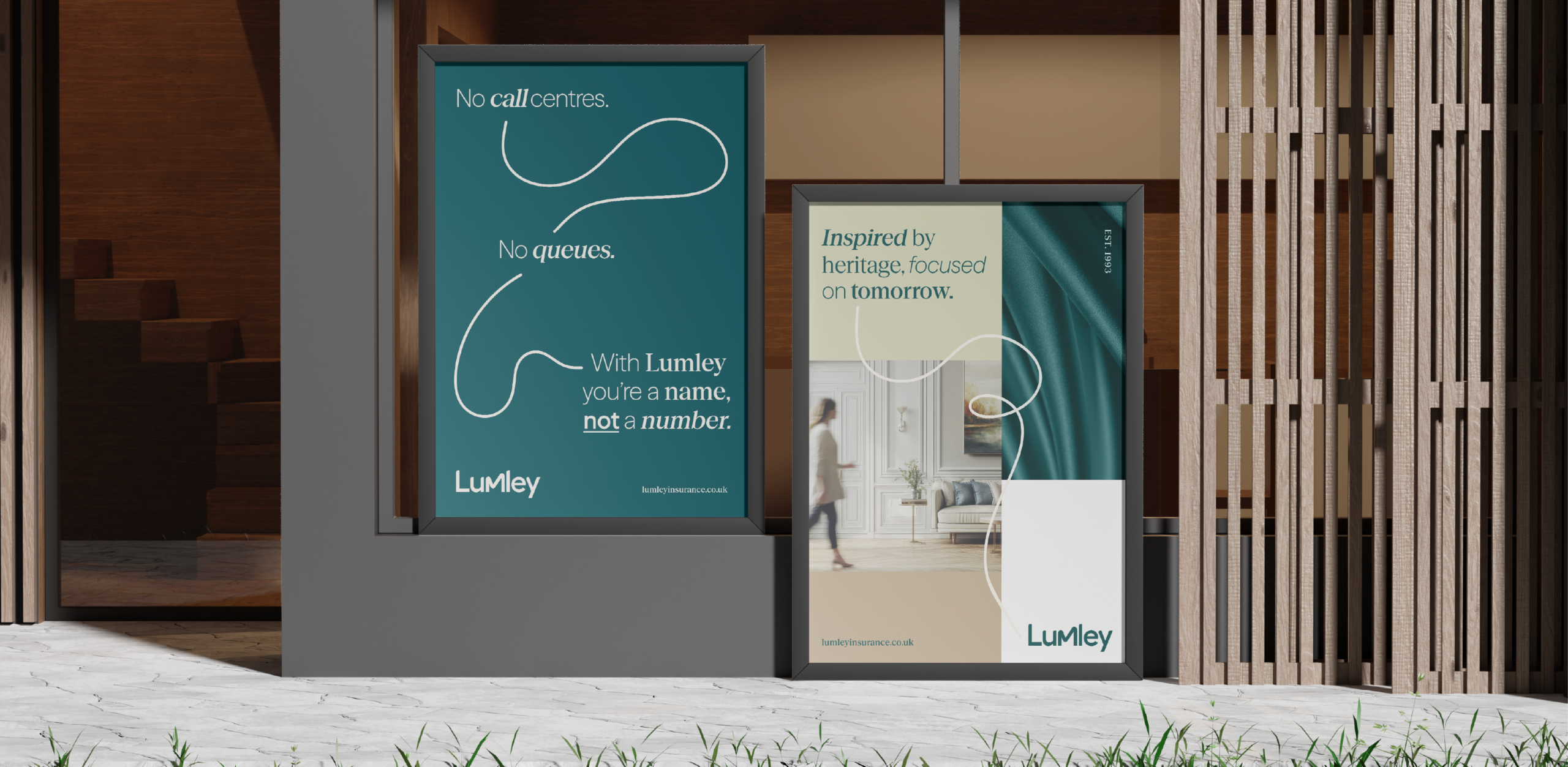 Indoor display of two Lumley posters with teal and neutral tones, featuring messages about personalised insurance service such as ‘No call centres. No queues. You’re a name, not a number.’