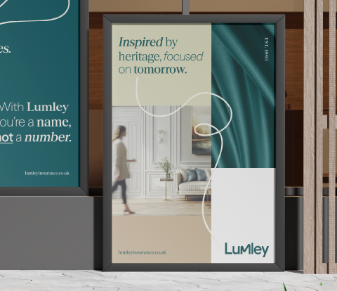 Indoor display of two Lumley posters with teal and neutral tones.