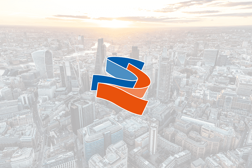 S2 Logo sitting on a faded background image of the City of London.