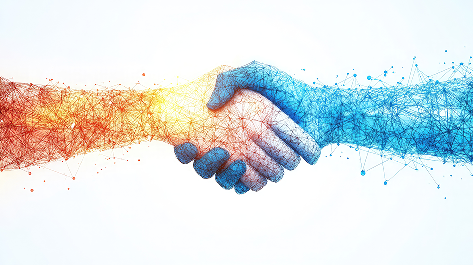 Abstract digital illustration of a handshake formed by interconnected red and blue network lines and dots, symbolizing collaboration, partnership, or data connectivity.