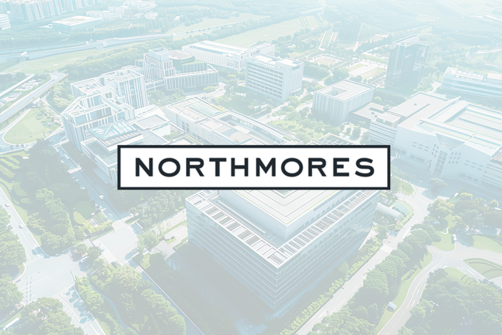 Northmores logo displayed over a faded aerial view of a modern office campus and surrounding buildings.