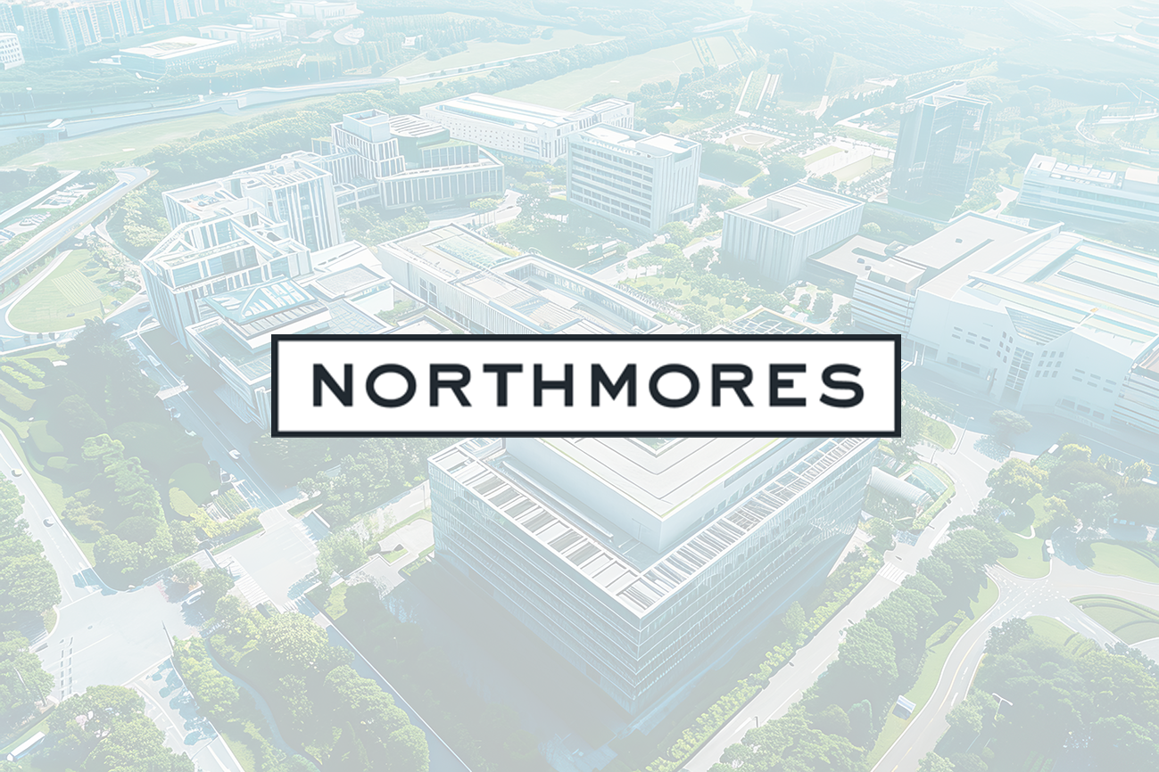 Northmores logo displayed over a faded aerial view of a modern office campus and surrounding buildings.