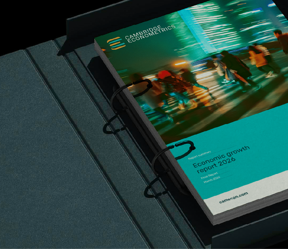 Cambridge Econometrics Economic Growth Report 2026 displayed as a professionally bound report featuring vibrant teal branding and urban photography